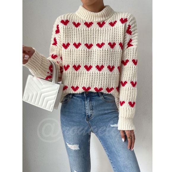 Hearts Print Red on Beige Knit Pullover Sweater Long Sleeve - Picture 5 of 16